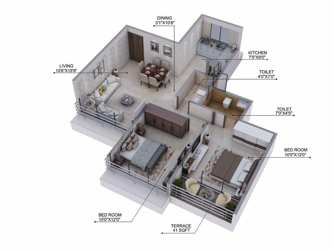 Floor plan of 2 BHK 457 Sq. Ft. Apartment in Horizon Estate, Navi Mumbai