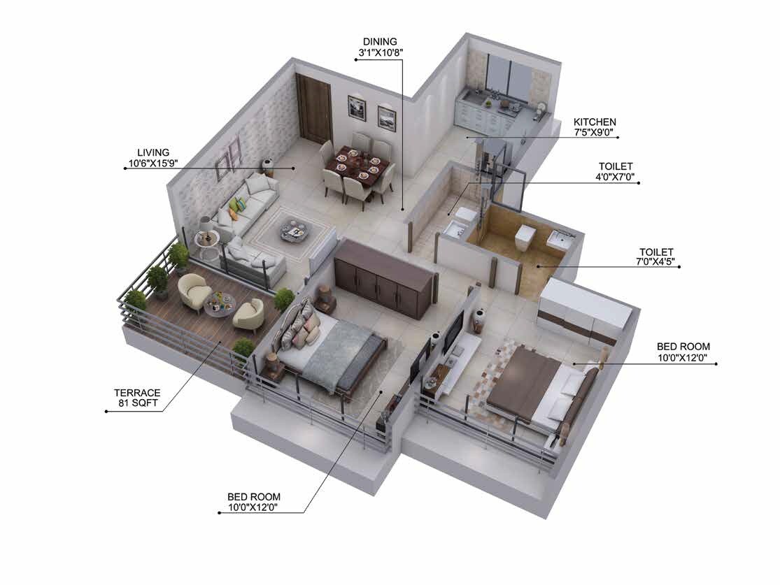 Floor plan of 2 BHK 480 Sq. Ft. Apartment in Horizon Estate, Navi Mumbai