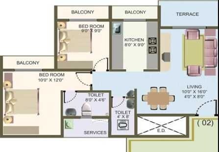 Floor plan of 2 BHK 533 Sq. Ft. Apartment in Hyde Park CHS, Navi Mumbai