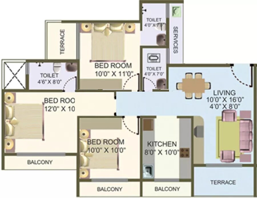 Floor plan of 3 BHK 798 Sq. Ft. Apartment in Hyde Park CHS, Navi Mumbai