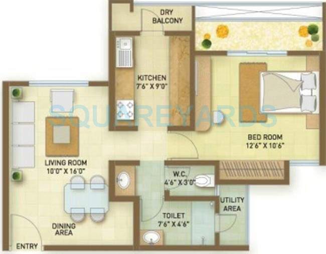 Floor plan of 1 BHK 596 Sq. Ft. Apartment in Indiabulls Greens, Navi Mumbai