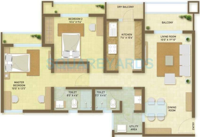 Floor plan of 2 BHK 756 Sq. Ft. Apartment in Indiabulls Greens, Navi Mumbai