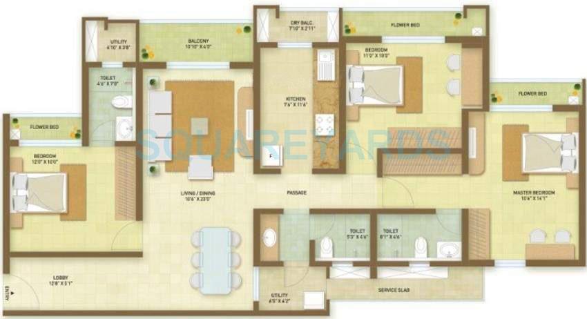 Floor plan of 3 BHK 983 Sq. Ft. Apartment in Indiabulls Greens, Navi Mumbai