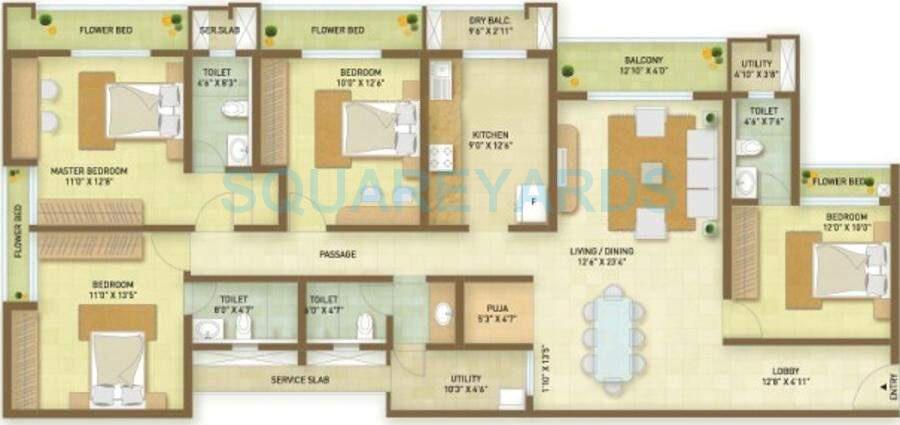 Floor plan of 4 BHK 1582 Sq. Ft. Apartment in Indiabulls Greens, Navi Mumbai