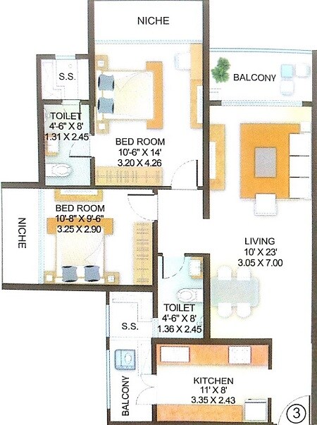 Floor plan of 2 BHK 935 Sq. Ft. Apartment in Indiabulls Park, Navi Mumbai