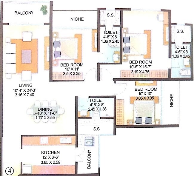 Floor plan of 3 BHK 1070 Sq. Ft. Apartment in Indiabulls Park, Navi Mumbai