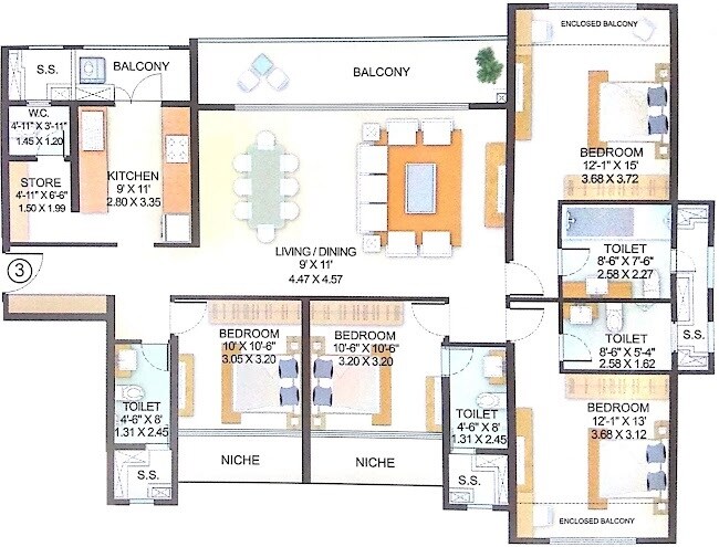 Floor plan of 4 BHK 1457 Sq. Ft. Apartment in Indiabulls Park, Navi Mumbai