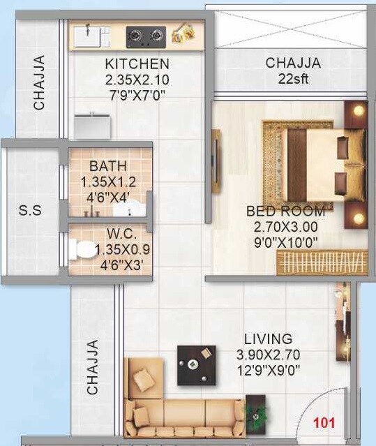 Floor plan of 1 BHK 254 Sq. Ft. Apartment in Infinity Ivy, Navi Mumbai