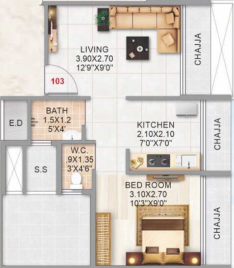 Floor plan of 1 BHK 304 Sq. Ft. Apartment in Infinity Ivy, Navi Mumbai