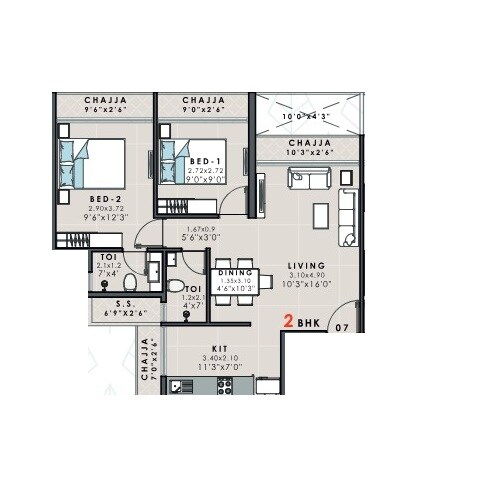 2 BHK 636 Sq. Ft. Apartment
