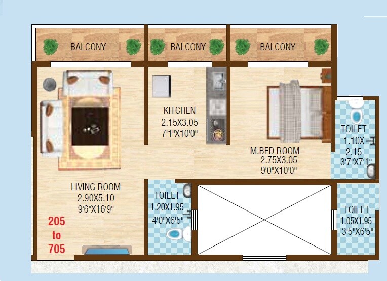 Floor plan of 1 BHK 415 Sq. Ft. Apartment in Infinity Metro Corner, Navi Mumbai