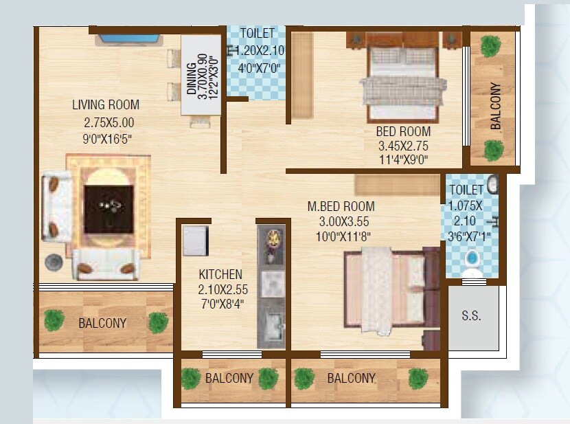 Floor plan of 2 BHK 555 Sq. Ft. Apartment in Infinity Metro Corner, Navi Mumbai