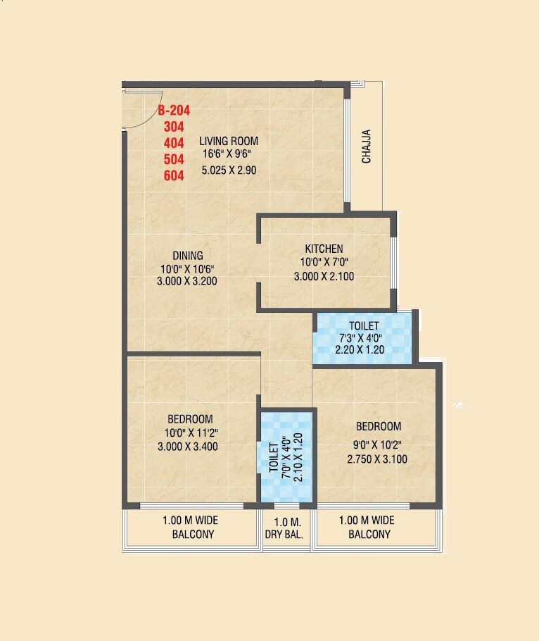 2 BHK 609 Sq. Ft. Apartment