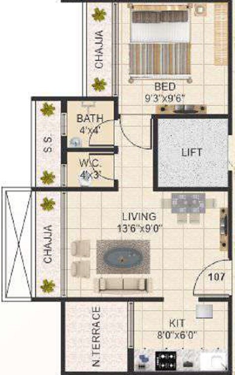 Floor plan of 1 BHK 268 Sq. Ft. Apartment in Ishwar Shantibai Residency, Navi Mumbai