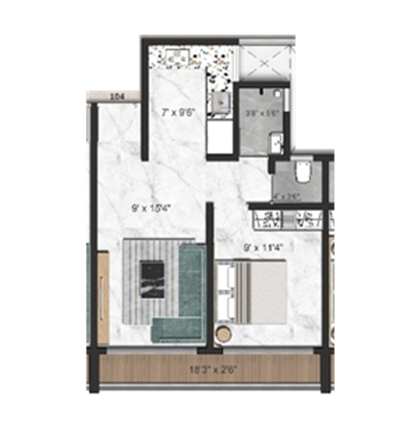 Floor plan of 1 BHK 395 Sq. Ft. Apartment in IYS Arham, Navi Mumbai