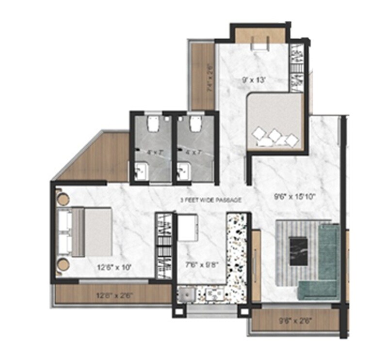 Floor plan of 2 BHK 593 Sq. Ft. Apartment in IYS Arham, Navi Mumbai