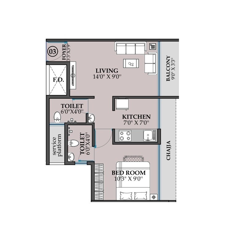 Floor plan of 1 BHK 362 Sq. Ft. Apartment in Jai Prakash Tower, Navi Mumbai