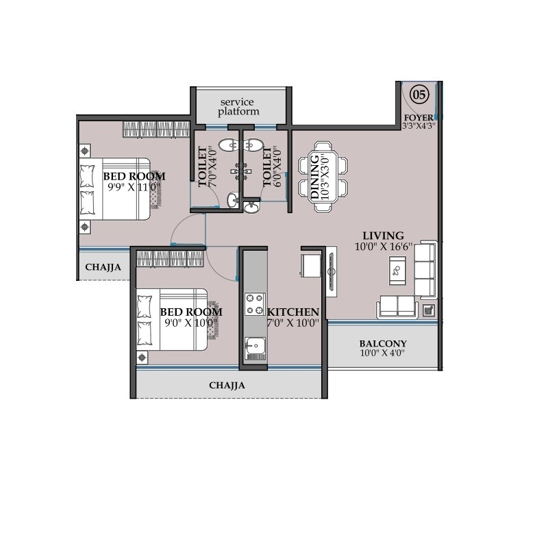Floor plan of 2 BHK 496 Sq. Ft. Apartment in Jai Prakash Tower, Navi Mumbai