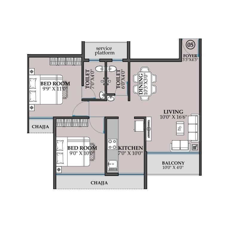 Floor plan of 2 BHK 577 Sq. Ft. Apartment in Jai Prakash Tower, Navi Mumbai