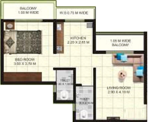 Floor plan of 1 BHK 407 Sq. Ft. Apartment in Jainam Phase 1 Jainam Garden, Navi Mumbai