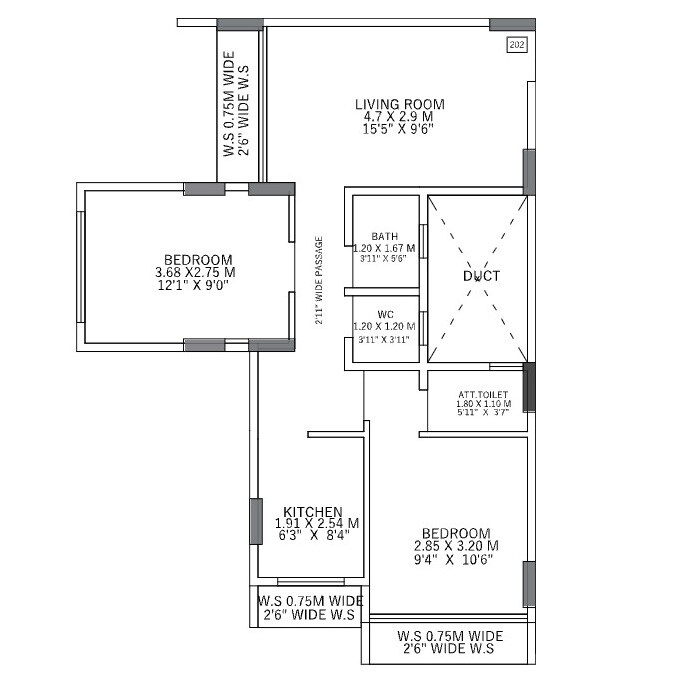 Floor plan of 2 BHK 590 Sq. Ft. Apartment in Jalaram Shivneri Aaykar CHS, Navi Mumbai