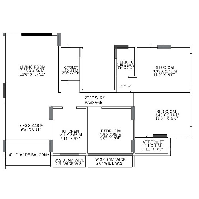 Floor plan of 3 BHK 757 Sq. Ft. Apartment in Jalaram Shivneri Aaykar CHS, Navi Mumbai