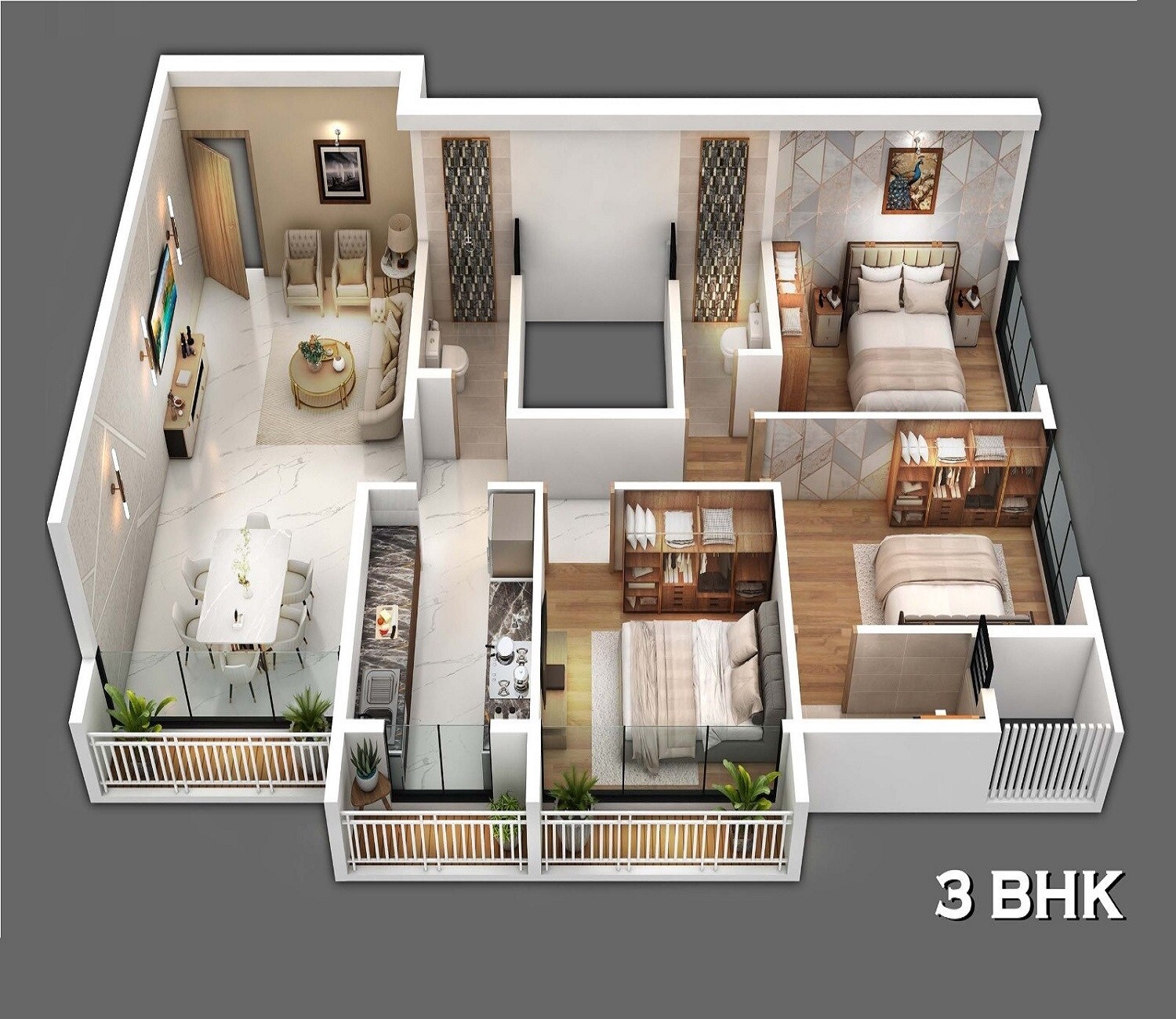 Floor plan of 3 BHK 806 Sq. Ft. Apartment in Jalaram Shivneri Aaykar CHS, Navi Mumbai