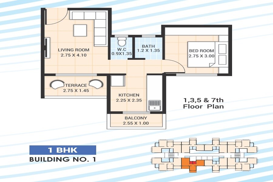 Floor plan of 1 BHK 320 Sq. Ft. Apartment in Janvi Jyoti Residency, Navi Mumbai