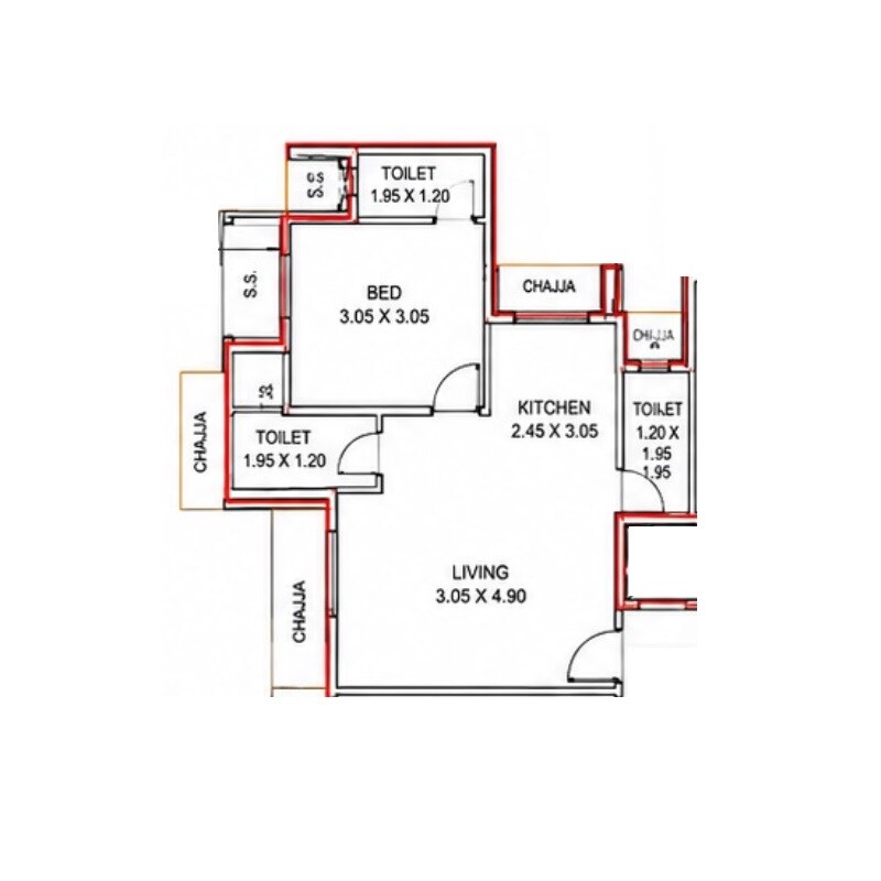 Floor plan of 1 BHK 322 Sq. Ft. Apartment in Jay Shri Krushna CHS, Navi Mumbai