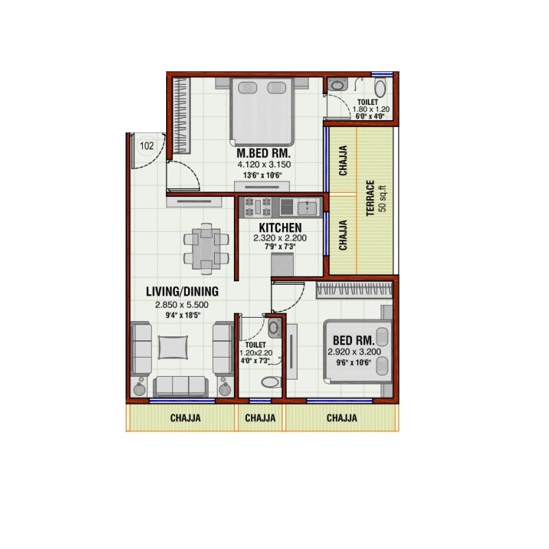 Floor plan of 2 BHK 527 Sq. Ft. Apartment in Jayesh Infinity, Navi Mumbai