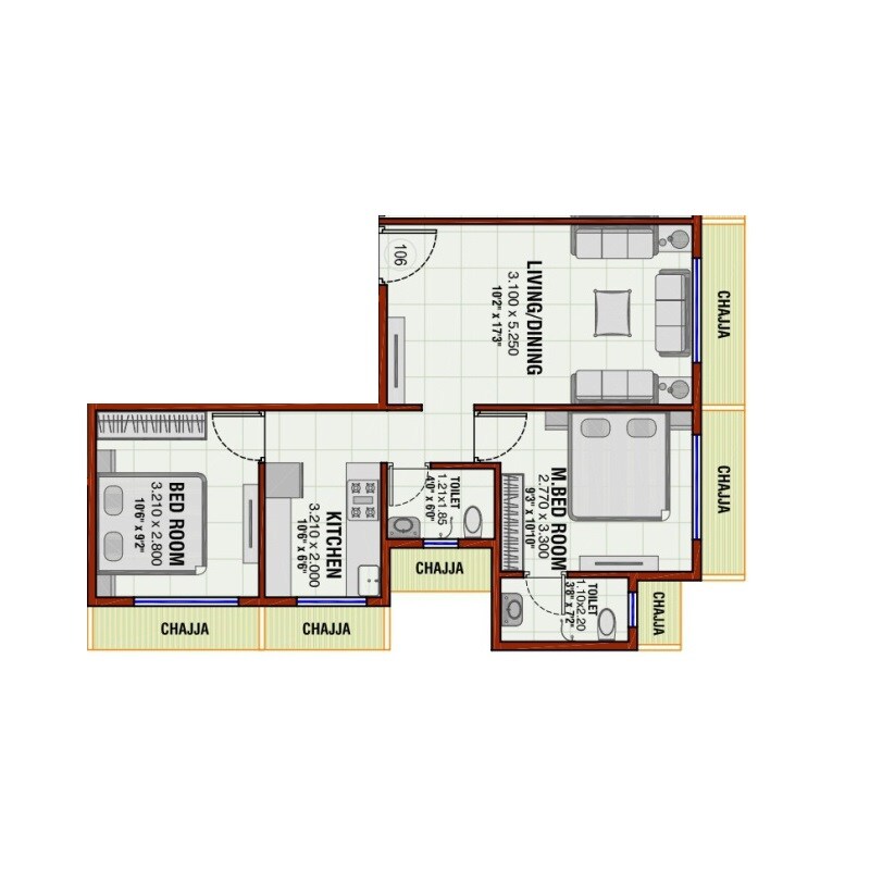 Floor plan of 2 BHK 567 Sq. Ft. Apartment in Jayesh Infinity, Navi Mumbai