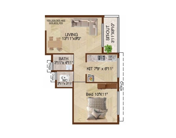 Floor plan of 1 BHK 366 Sq. Ft. Apartment in Jayram Residency Navi Mumbai, Navi Mumbai