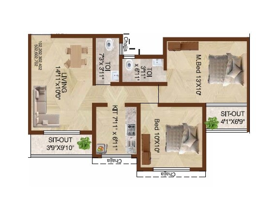 Floor plan of 2 BHK 556 Sq. Ft. Apartment in Jayram Residency Navi Mumbai, Navi Mumbai