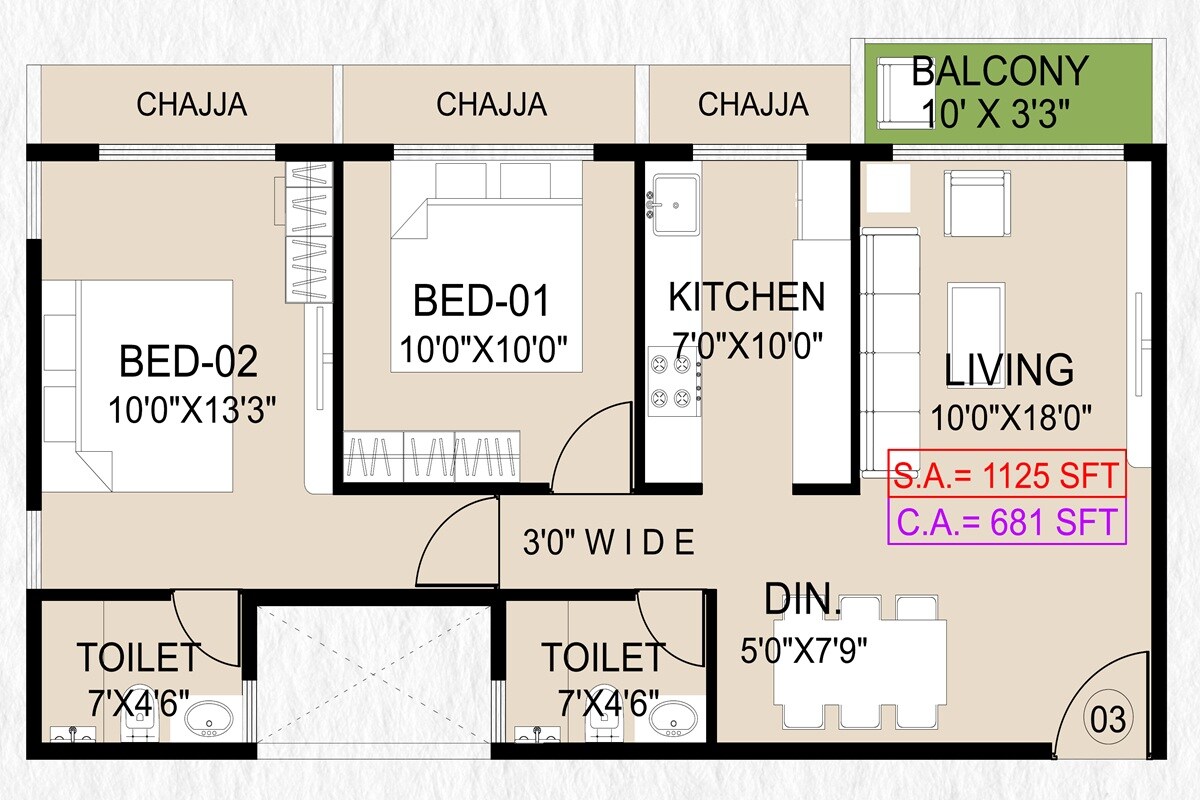 Floor plan of 2 BHK 681 Sq. Ft. Apartment in JB Vidyut CHS, Navi Mumbai
