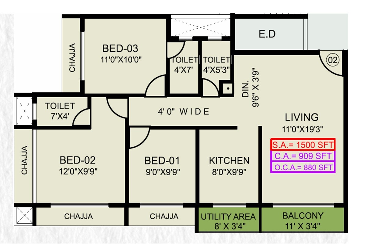 Floor plan of 3 BHK 909 Sq. Ft. Apartment in JB Vidyut CHS, Navi Mumbai