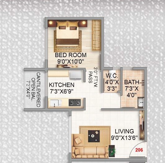 Floor plan of 1 BHK 353 Sq. Ft. Apartment in Jewel City, Navi Mumbai