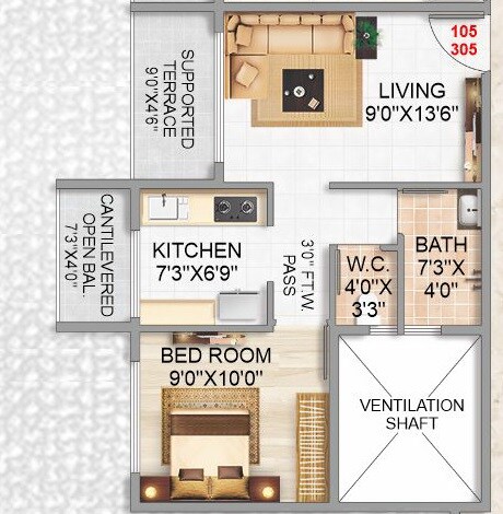 Floor plan of 1 BHK 398 Sq. Ft. Apartment in Jewel City, Navi Mumbai