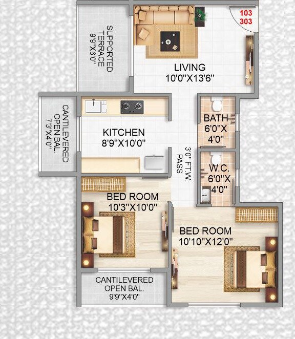 Floor plan of 2 BHK 578 Sq. Ft. Apartment in Jewel City, Navi Mumbai