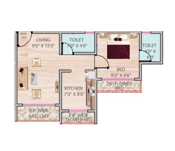 Floor plan of 1 BHK 403 Sq. Ft. Apartment in JK Crystal Apartment, Navi Mumbai