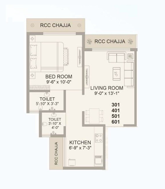 Floor plan of 1 BHK 277 Sq. Ft. Apartment in JKS Cloud Castle, Navi Mumbai