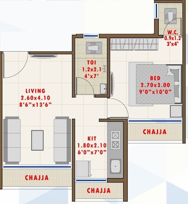 Floor plan of 1 BHK 239 Sq. Ft. Apartment in JKS Cloud One, Navi Mumbai