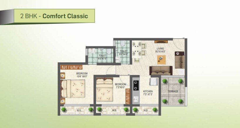 Floor plan of 2 BHK 543 Sq. Ft. Apartment in JMJ Sun City, Navi Mumbai