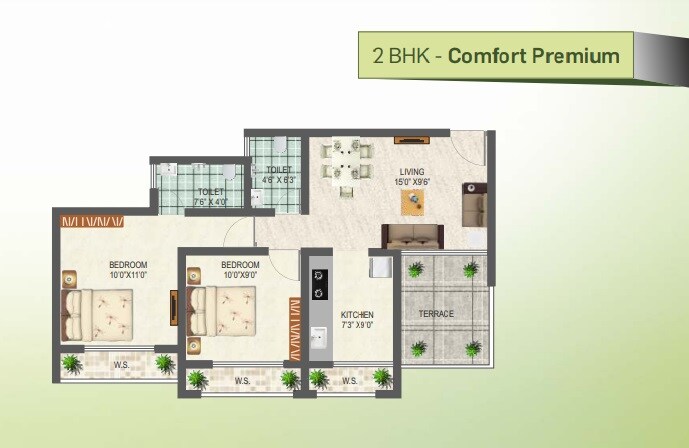 Floor plan of 2 BHK 676 Sq. Ft. Apartment in JMJ Sun City, Navi Mumbai