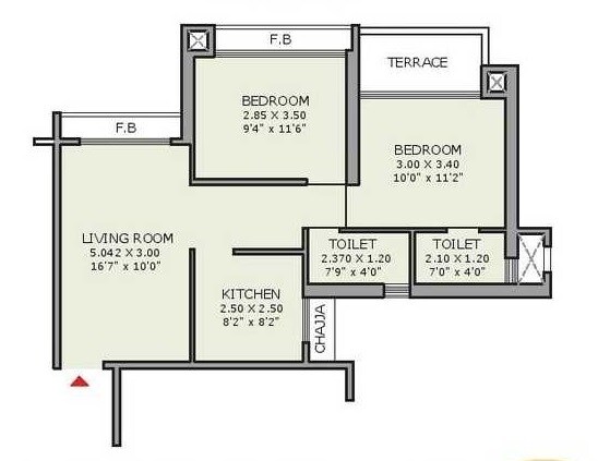 Floor plan of 2 BHK 540 Sq. Ft. Apartment in JP Airoli Tower, Navi Mumbai