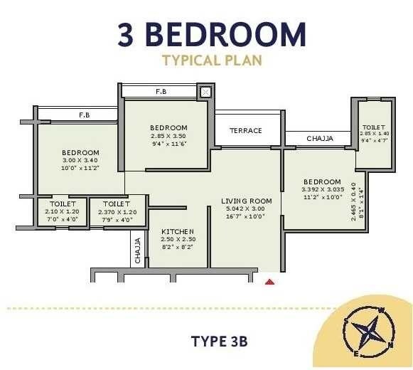 Floor plan of 3 BHK 643 Sq. Ft. Apartment in JP Airoli Tower, Navi Mumbai