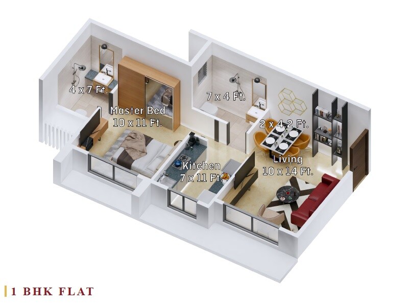 Floor plan of 1 BHK 408 Sq. Ft. Apartment in JSM Shiv Ganesh, Navi Mumbai