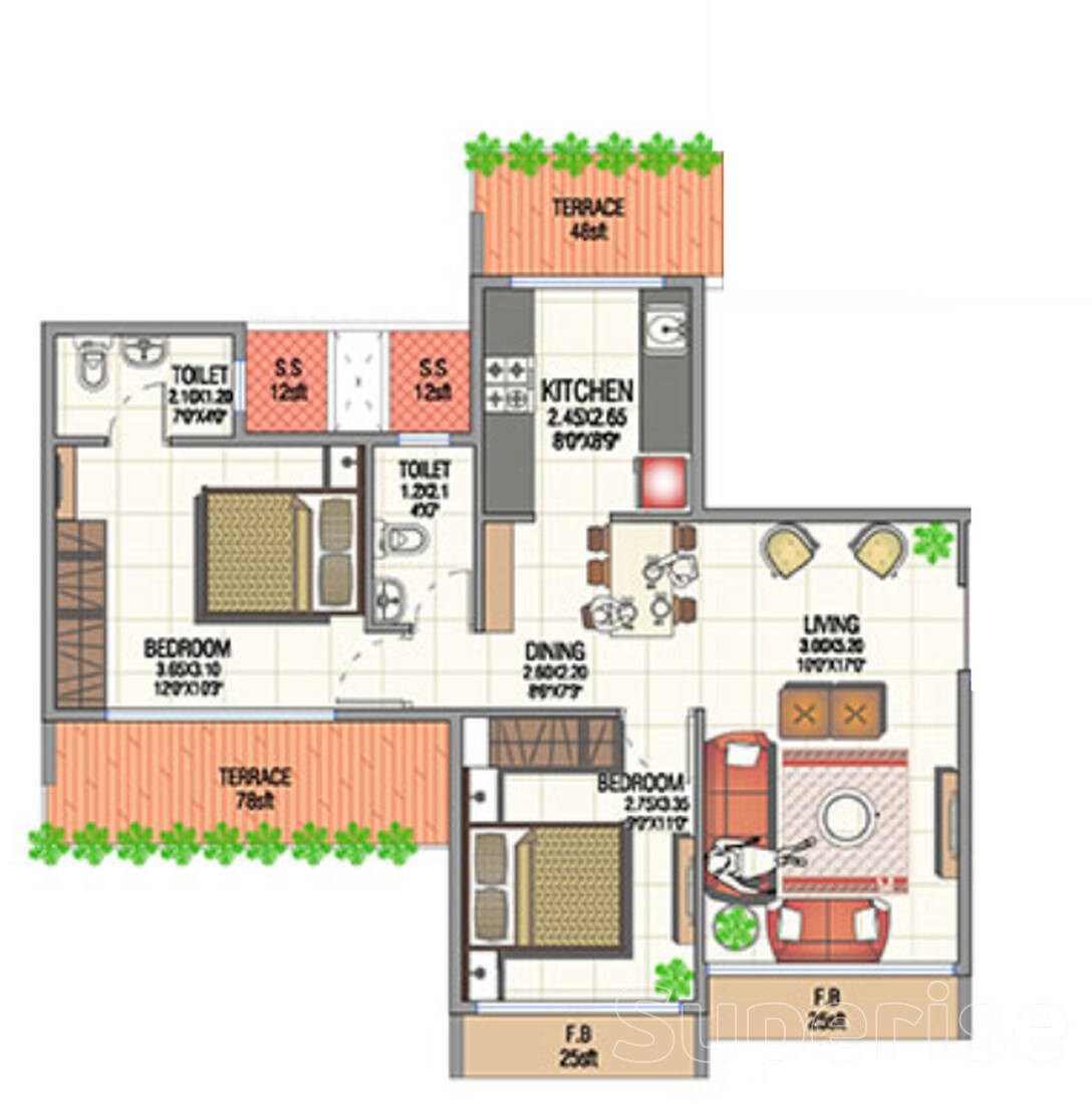 Floor plan of 2 BHK 1040 Sq. Ft. Apartment in Juhi Luxuria, Navi Mumbai