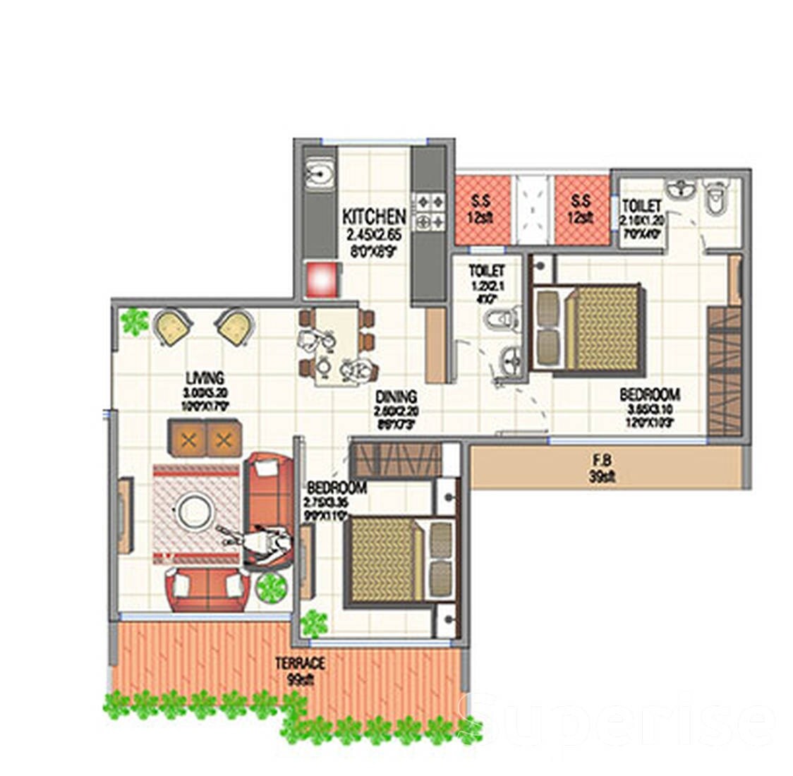 Floor plan of 2 BHK 1220 Sq. Ft. Apartment in Juhi Luxuria, Navi Mumbai