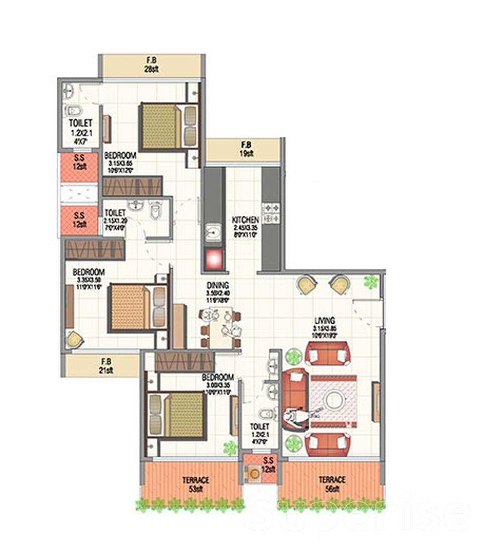 Floor plan of 3 BHK 1665 Sq. Ft. Apartment in Juhi Luxuria, Navi Mumbai
