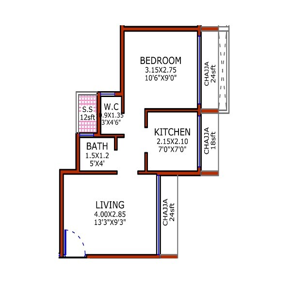 Floor plan of 1 BHK 417 Sq. Ft. Apartment in Juhi Niharika Absolute, Navi Mumbai